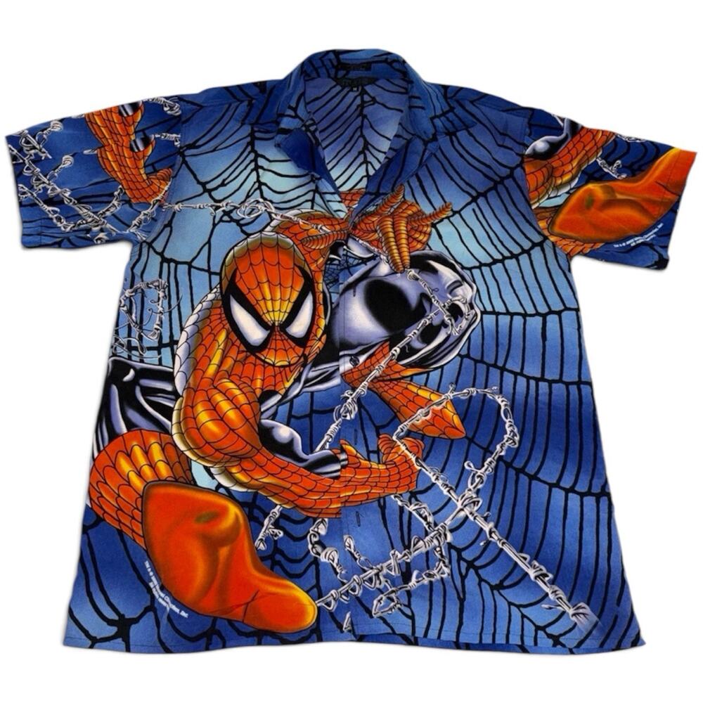 Vtg Spider Man Shirt Mens M Short Sleeve Button Up MT:2 Tag Y2K
